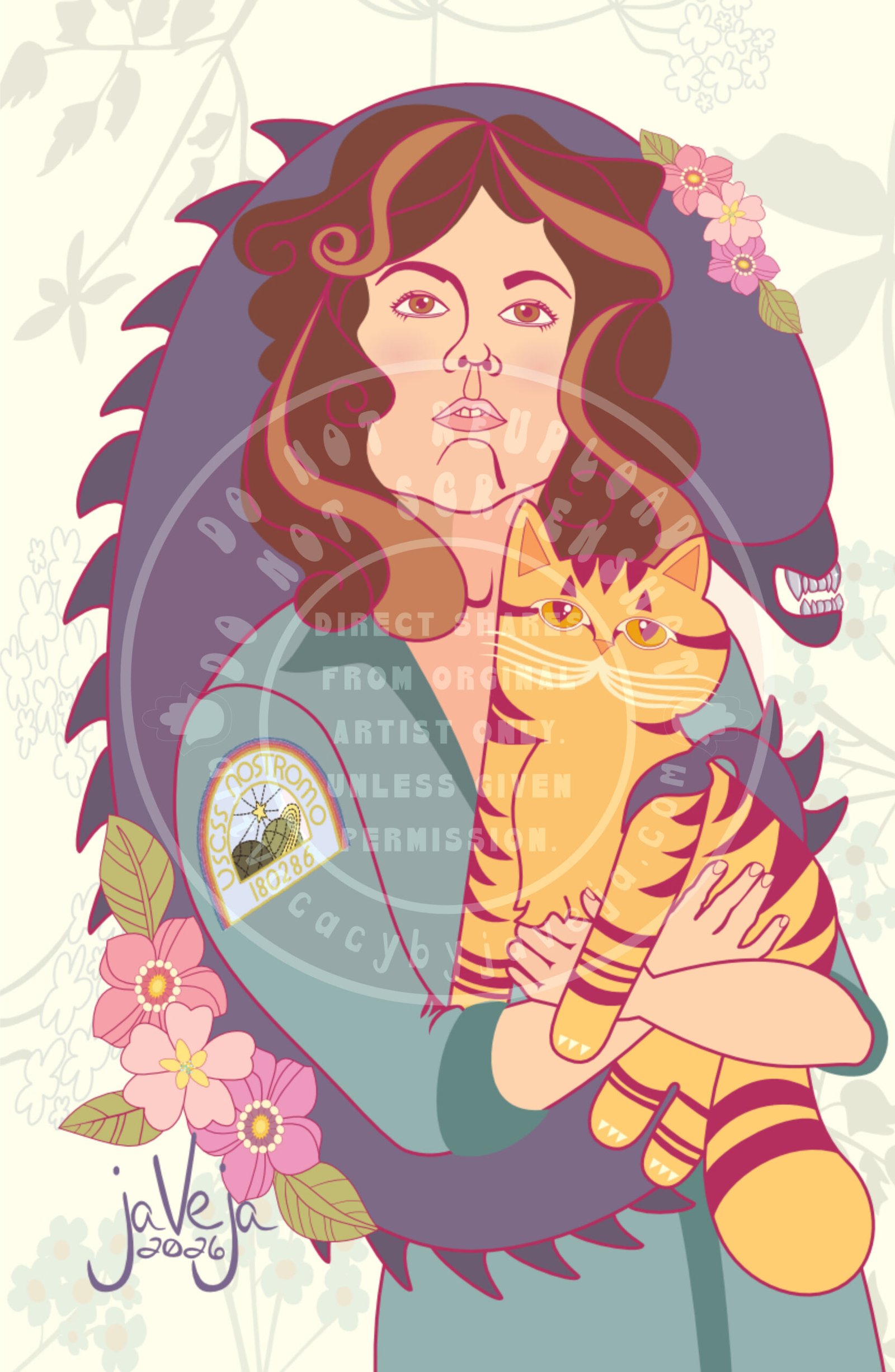 A modern take on 1970s retro-style illustration titled "Alien". A fan art interpretation of a retro style Ripley from the movie's Alien. She is the central figure wearing her signature USCSS Nostromo outfit. Along with the USCSS Nostromo embroidered patch on her right arm. She is holding a retro style orange cat, Jones the cat. And behind them is a stylized Xenomorph that you can only see its head and then its tail wraps around the waist of Ripley and then curls up around the back shoulder of Jones the cat. There are tiny retro flowers on the head of the Xenomorph and bottom back going into the tail. At the bottom of the illustration is the artist's signature reading "jaVeja 2026". The image includes watermarks stating: "DO NOT REUPLOAD", "DO NOT SCREENSHOT", "Direct Shares from Original Artist only. Unless given permission.", and www.artvocacybyjaveja.com.