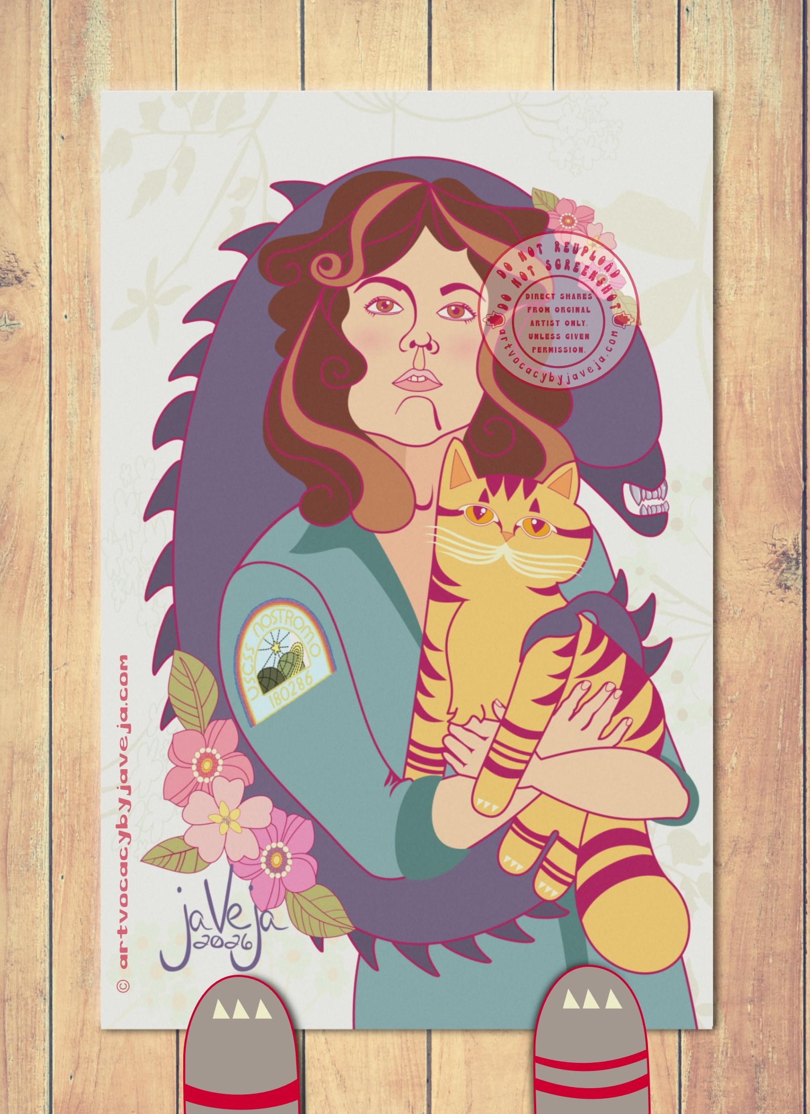 A 1970s retro-style illustration titled "Alien". A fan art interpretation of a retro style Ripley from the movie's Alien. She is the central figure wearing her signature USCSS Nostromo outfit. Along with the USCSS Nostromo embroidered patch on her right arm. She is holding a retro style orange cat, Jones the cat. And behind them is a stylized Xenomorph that you can only see its head and then its tail wraps around the waist of Ripley and then curls up around the back shoulder of Jones the cat. There are tiny retro flowers on the head of the Xenomorph and bottom back going into the tail.

At the bottom of the illustration is the artist's signature reading "jaVeja 2026". The image includes watermarks stating: "DO NOT REUPLOAD", "DO NOT SCREENSHOT", "Direct Shares from Original Artist only. Unless given permission.", and www.artvocacybyjaveja.com.