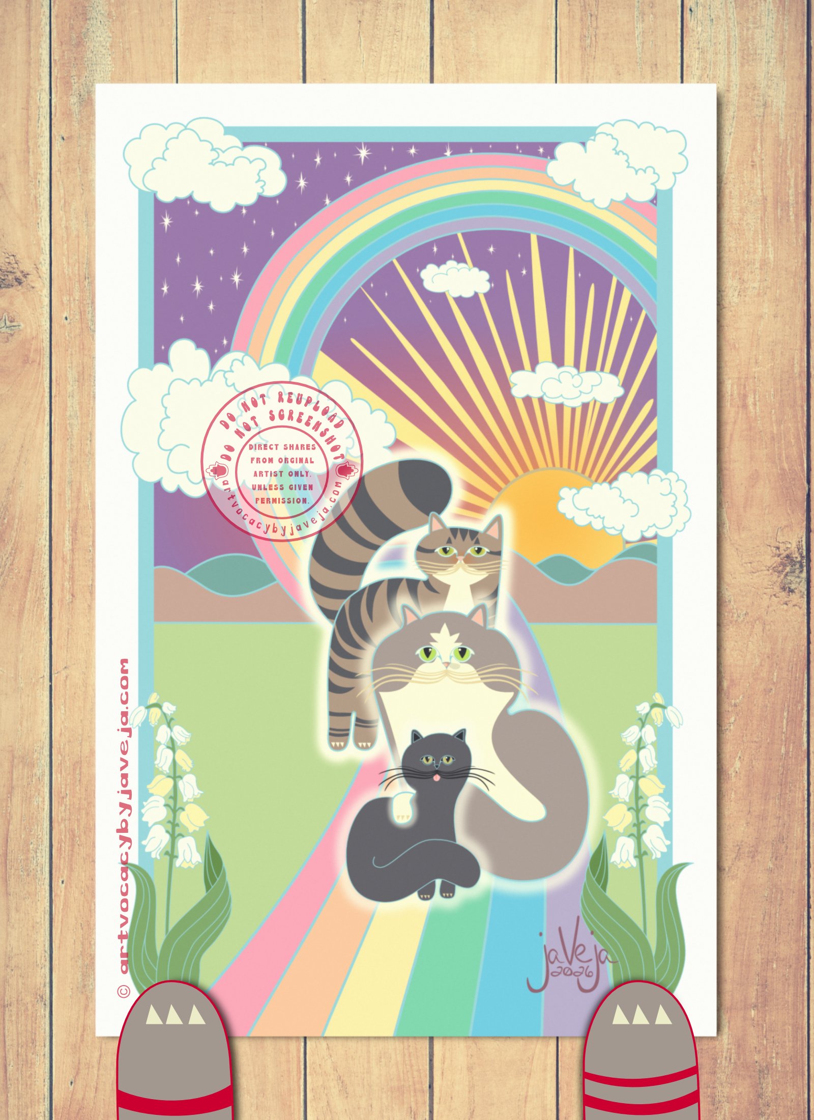 A 1970s retro-style illustration titled "All My Friends Over the Rainbow Bridge". Three stylized cats sit on a rainbow that begins behind the baby blue border at the upper right corner, arcs across the starry sky before swooping downward toward the center, then widens dramatically as it crosses over the bottom border—creating the effect that it emerges from the page toward the viewer. Simple retro clouds float in the sky overlapping the baby blue line border, which leaves about an inch of plain white around all edges.

The sky features a starry night, but between the rainbow arch on the right side, a sun is setting behind mountains.

The three cats sitting on the outward-sweeping section of the rainbow are: First, closest to the viewer, is a solid black cat with its tongue out. Behind it is a grey and white fluffy cat with a smudge nose and bright green eyes; this cat has one paw resting on top of the black cat, showing they are bonded. Behind them both is a brown short-haired tabby cat. All the cats have a creamy glow surrounding them, about 1/4 inch wide.

On the sides of the bottom part of the rainbow, along the edges of the baby blue border, are identical lily of the valley plants mirroring each other.

At the bottom of the illustration is the artist's signature reading "jaVeja 2026". The image includes watermarks stating: "DO NOT REUPLOAD", "DO NOT SCREENSHOT", "Direct Shares from Original Artist only. Unless given permission.", and www.artvocacybyjaveja.com