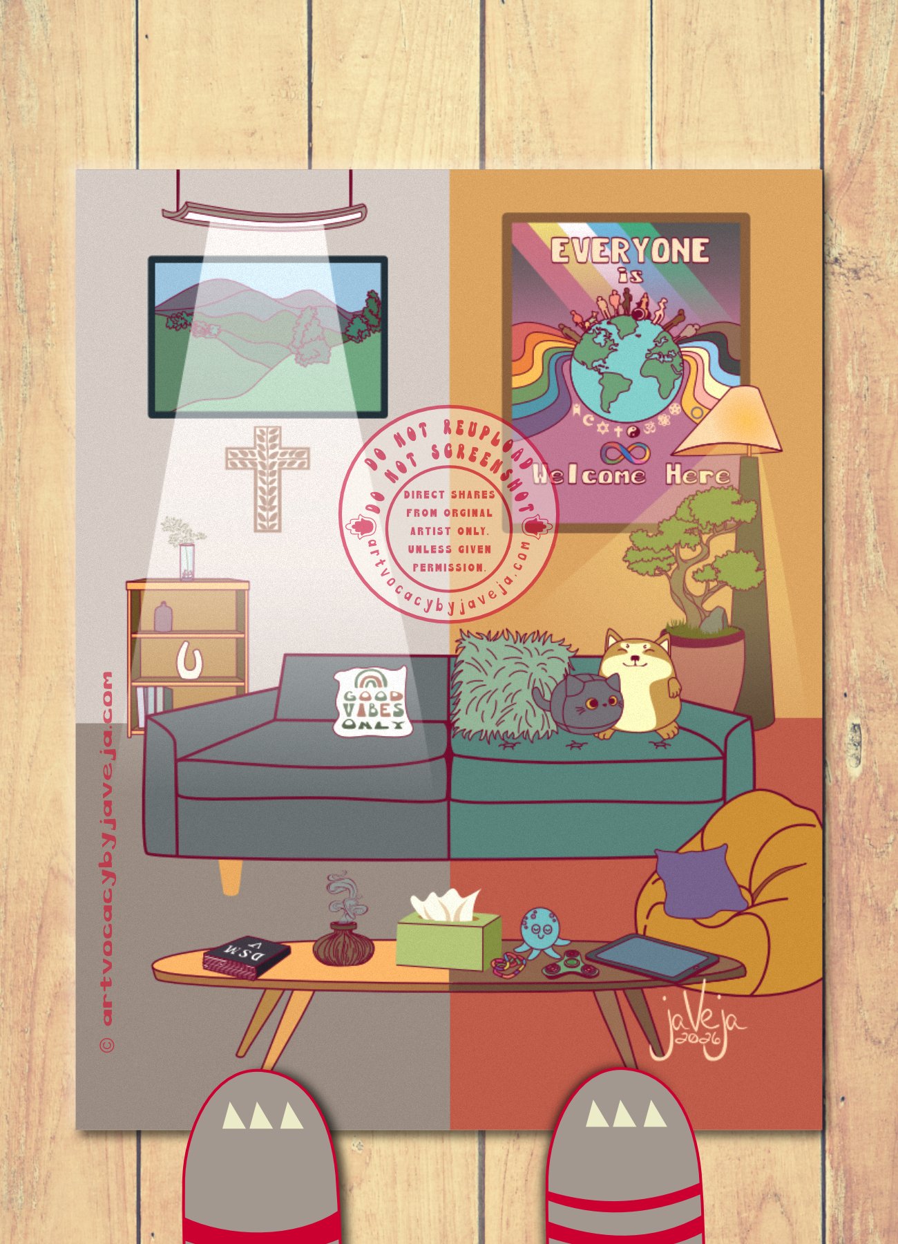Retro 1970s-style illustration titled, "The Tale of Two Therapists", that's a split image of two therapy office environments on one page. Left side shows a clinical, unwelcoming space: gray couch and carpet, harsh fluorescent lighting, wooden Christian cross, fake plant on a purely decorative bookshelf, uncomfortable sofa with "Good Vibes Only" pillow, DSM-V on coffee table, and an incense diffuser puffing fragrance into the air. Right side shows a more affirming space: teal comfortable sofa, warm yellow lighting, living bonsai plant, fidget toys, AAC tablet, comfort pillows and stuffed animals, comfortable floor seating, and a retro-style poster reading "Everyone is Welcome Here." The poster features a central planet Earth with Pride ribbons radiating outward in hippie 1970s style—original Pride colors on the left, extended Pride colors (including Brown, Black, Trans, and Intersex flags) on the right. Abstract figures of diverse races and abilities (including wheelchair and service dog) stand atop the planet. A Disability Pride flag fades into the background above them, while religious, humanist, and atheist symbols appear at the base of the Earth. At the bottom right of the illustration is the artist’s signature that says, “jaVeja 2026”. Water mark on image that says: "DO NOT REUPLOAD", "DO NOT SCREENSHOT", "Direct Shares from Original Artist only. Unless given permission.", and www.artvocacybyjaveja.com 