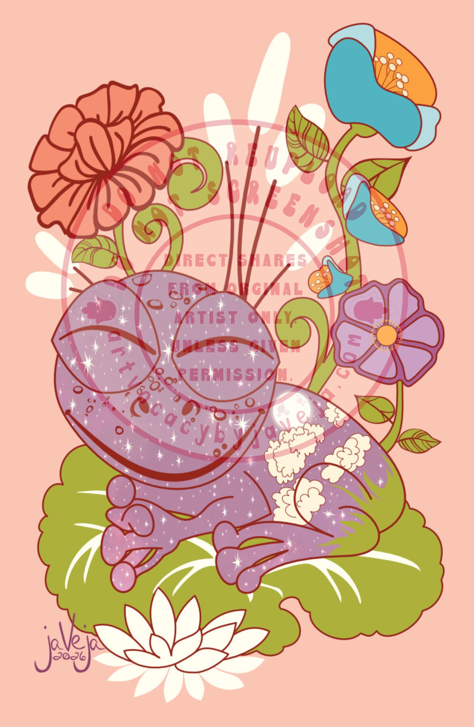 A modern take on 1970s retro-style illustration titled "Cosmic Carl". A cosmic toad sits on a lily pad with retro-looking flowers growing up behind him along with cattails. The toad has the universe on his skin instead of regular texture; he has stars all over his face and upper body. On his back, there is a full moon and clouds, and his very bottom side is green grass that is the same color green as the lily pad he sits on. The toad has his eyes shut but a huge smile on his face. He has his front legs intertwined and clasped together in a gesture of contentment. The retro flowers in the back are big and looming upward. There is one on the left side of the picture that is red/orange with a dark red/orange outline on a stem that curls in a stylized way. In between are the cattails in a simple style: just lines for stems and a simple white oval for the cattail, but it is obvious what it is. On the right of the image at the bottom, near the toad's lower body, is a retro purple flower on a stem with leaves. Behind it is a big stem with a bigger flower up top and then two smaller half-bloomed flowers. These flowers are aqua with orange and white accents. At the bottom of the illustration is the artist's signature reading "jaVeja 2026". The image includes watermarks stating: "DO NOT REUPLOAD", "DO NOT SCREENSHOT", "Direct Shares from Original Artist only. Unless given permission.", and www.artvocacybyjaveja.com.
