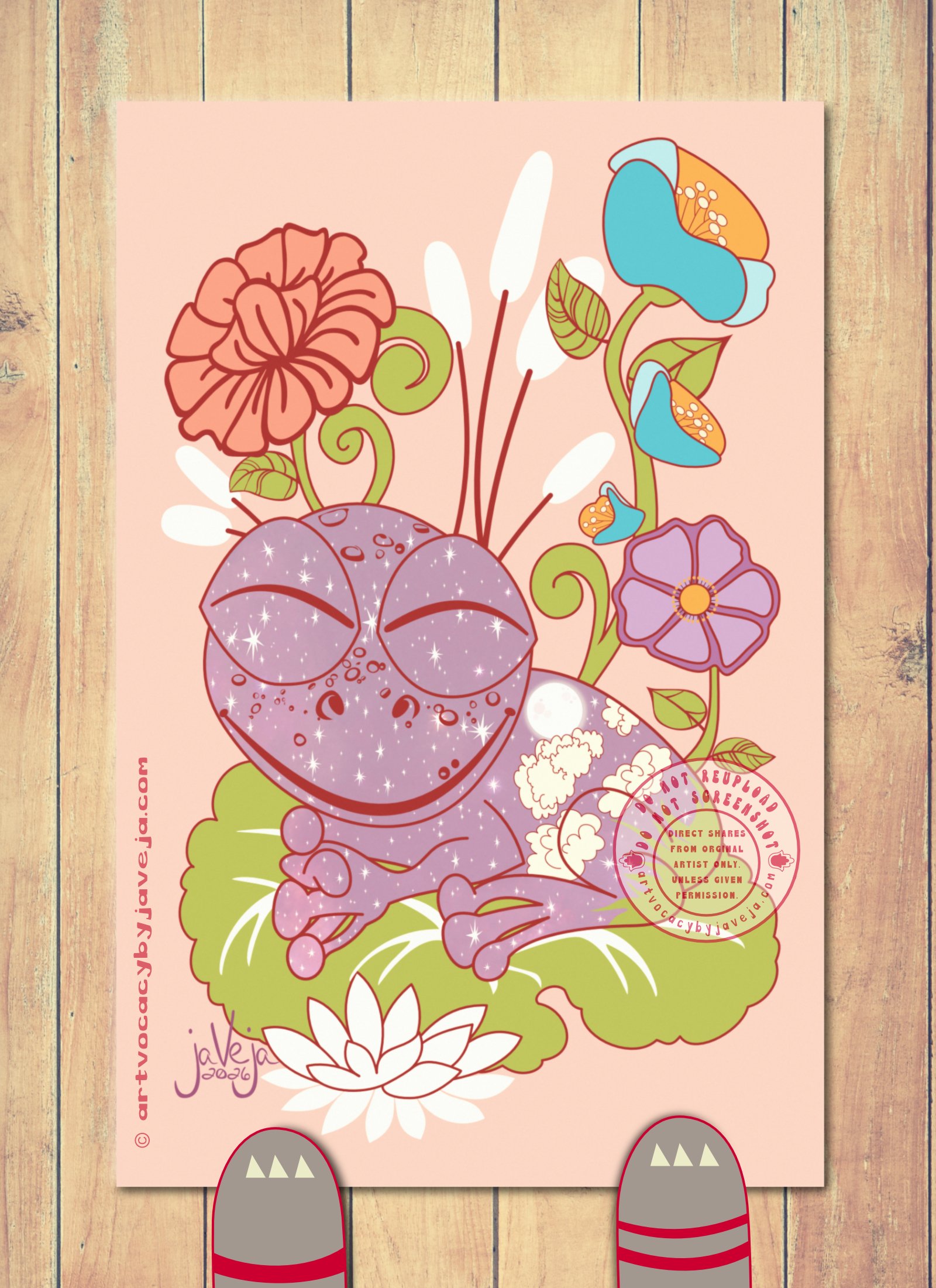 A 1970s retro-style illustration titled "Cosmic Carl". A cosmic toad sits on a lily pad with retro-looking flowers growing up behind him along with cattails. The toad has the universe on his skin instead of regular texture; he has stars all over his face and upper body. On his back, there is a full moon and clouds, and his very bottom side is green grass that is the same color green as the lily pad he sits on. The toad has his eyes shut but a huge smile on his face. He has his front legs intertwined and clasped together in a gesture of contentment.

The retro flowers in the back are big and looming upward. There is one on the left side of the picture that is red/orange with a dark red/orange outline on a stem that curls in a stylized way. In between are the cattails in a simple style: just lines for stems and a simple white oval for the cattail, but it is obvious what it is. On the right of the image at the bottom, near the toad's lower body, is a retro purple flower on a stem with leaves. Behind it is a big stem with a bigger flower up top and then two smaller half-bloomed flowers. These flowers are aqua with orange and white accents.

At the bottom of the illustration is the artist's signature reading "jaVeja 2026". The image includes watermarks stating: "DO NOT REUPLOAD", "DO NOT SCREENSHOT", "Direct Shares from Original Artist only. Unless given permission.", and www.artvocacybyjaveja.com.