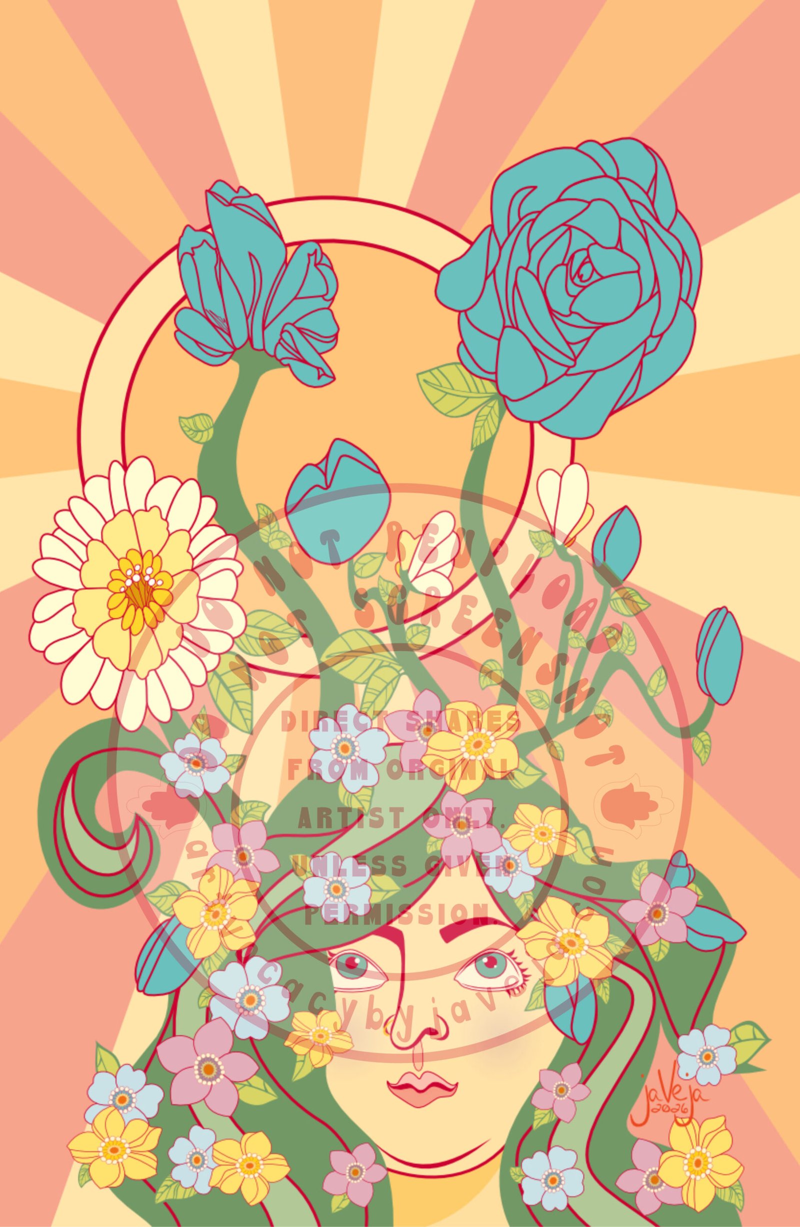 A modern take on 1970s retro-style illustration titled "Growth". The background features a retro-looking sun with rays shining down in oranges, corals, and cream yellows, sitting behind a figure shown only from the neck up. The figure has normal flesh tones, peachy skin with rosy cheeks and lips, and a content smile lightly across their mouth. Their eyes are seafoam green. The figure has green, curling grass for hair with flowers blossoming all over their head, which they look up to with wonder as if admiring the beautiful life growing on them. The hair includes tiny and big flowers: tiny purple, powder blue, and yellow retro flowers and leaves. There are tiny turquoise rosebuds in the hair as well. A big turquoise blooming rose on the right-hand side of the head towers over the face, covering part of the sun behind it. Additional tiny turquoise rosebuds start to bloom on long green stems that go upward; one turquoise rose sits beside the fully bloomed rose and is half-bloomed. There is also a big, retro looking, fully bloomed yellow flower with different shades of yellow: the outermost petals are cream/yellow, then medium yellow, then a slightly darker yellow-orange (not too dark). Two tiny yellow flower buds are on the head also on long stems near the other turquoise roses starting to bloom. The big yellow bloomed flower has a stem that curves stylistically downward, mirroring the curvy nature of the hair itself. The hair is not curly but features many curves to show flow and fullness. At the bottom of the illustration is the artist's signature reading "jaVeja 2026". The image includes watermarks stating: "DO NOT REUPLOAD", "DO NOT SCREENSHOT", "Direct Shares from Original Artist only. Unless given permission.", and www.artvocacybyjaveja.com."