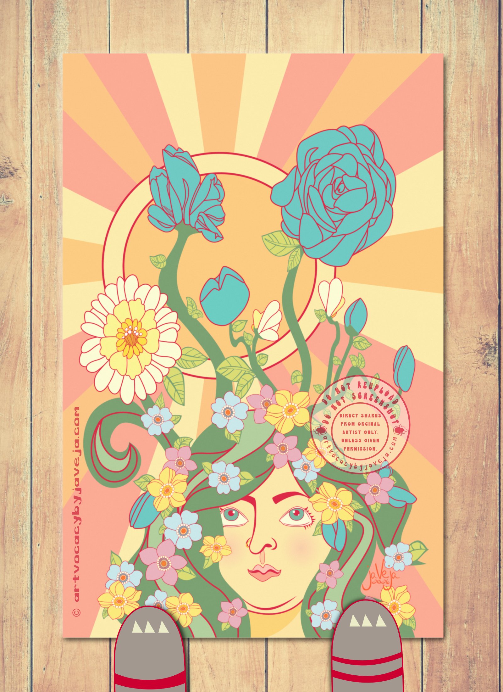 A 1970s retro-style illustration titled "Growth". The background features a retro-looking sun with rays shining down in oranges, corals, and cream yellows, sitting behind a figure shown only from the neck up. The figure has normal flesh tones, peachy skin with rosy cheeks and lips, and a content smile lightly across their mouth. Their eyes are seafoam green. The figure has green, curling grass for hair with flowers blossoming all over their head, which they look up to with wonder as if admiring the beautiful life growing on them. The hair includes tiny and big flowers: tiny purple, powder blue, and yellow retro flowers and leaves. There are tiny turquoise rosebuds in the hair as well. A big turquoise blooming rose on the right-hand side of the head towers over the face, covering part of the sun behind it. Additional tiny turquoise rosebuds start to bloom on long green stems that go upward; one turquoise rose sits beside the fully bloomed rose and is half-bloomed. There is also a big, retro looking, fully bloomed yellow flower with different shades of yellow: the outermost petals are cream/yellow, then medium yellow, then a slightly darker yellow-orange (not too dark). Two tiny yellow flower buds are on the head also on long stems near the other turquoise roses starting to bloom. The big yellow bloomed flower has a stem that curves stylistically downward, mirroring the curvy nature of the hair itself. The hair is not curly but features many curves to show flow and fullness. At the bottom of the illustration is the artist's signature reading "jaVeja 2026". The image includes watermarks stating: "DO NOT REUPLOAD", "DO NOT SCREENSHOT", "Direct Shares from Original Artist only. Unless given permission.", and www.artvocacybyjaveja.com."
