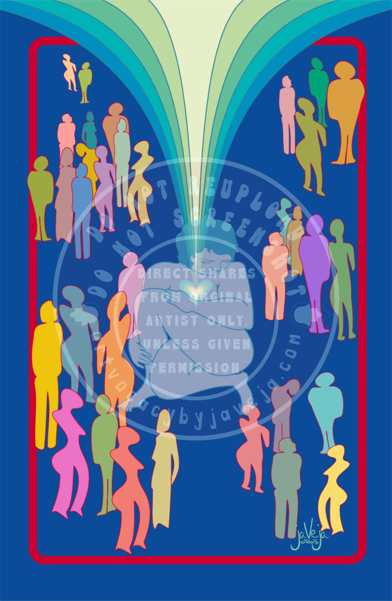 A modern take on 1970s retro-style illustration titled 'Invisible' set against a dark navy blue background with a red border framing abstract figures surrounding a central figure. The main figure has light beams radiating upward and outward from their heart. They are depicted nude in a non-sexualized manner, appearing transparent and ghost-like with a pale white-blue hue and a blue outline, head hanging down with eyes closed in sadness. Beneath them lies a figurative multi-layered heart where their actual heart would be, featuring five distinct shades transitioning from a medium blue matching the background to a glowing bright white-green center. A beam of light shoots upward from this heart, crossing the red border and continuing off the page to symbolize infinite reach.At the bottom of the illustration is the artist’s signature that says, “jaVeja 2026”. Water mark on image that says: "DO NOT REUPLOAD", "DO NOT SCREENSHOT", "Direct Shares from Original Artist only. Unless given permission.", and www.artvocacybyjaveja.com