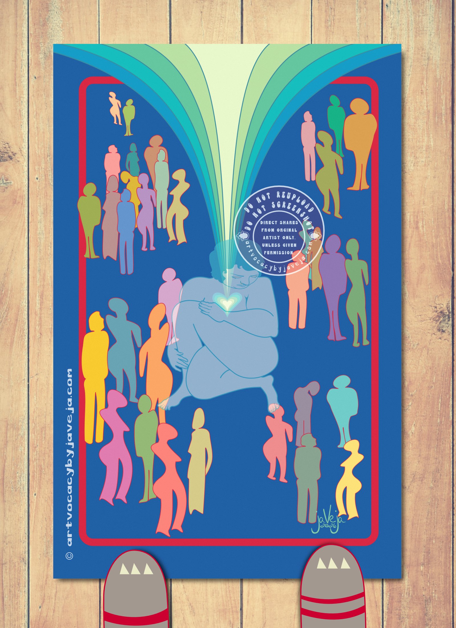 A 1970s retro-style illustration titled 'Invisible' set against a dark navy blue background with a red border framing abstract figures surrounding a central figure. The main figure has light beams radiating upward and outward from their heart. They are depicted nude in a non-sexualized manner, appearing transparent and ghost-like with a pale white-blue hue and a blue outline, head hanging down with eyes closed in sadness. Beneath them lies a figurative multi-layered heart where their actual heart would be, featuring five distinct shades transitioning from a medium blue matching the background to a glowing bright white-green center. A beam of light shoots upward from this heart, crossing the red border and continuing off the page to symbolize infinite reach.At the bottom of the illustration is the artist’s signature that says, “jaVeja 2026”. Water mark on image that says: "DO NOT REUPLOAD", "DO NOT SCREENSHOT", "Direct Shares from Original Artist only. Unless given permission.", and www.artvocacybyjaveja.com