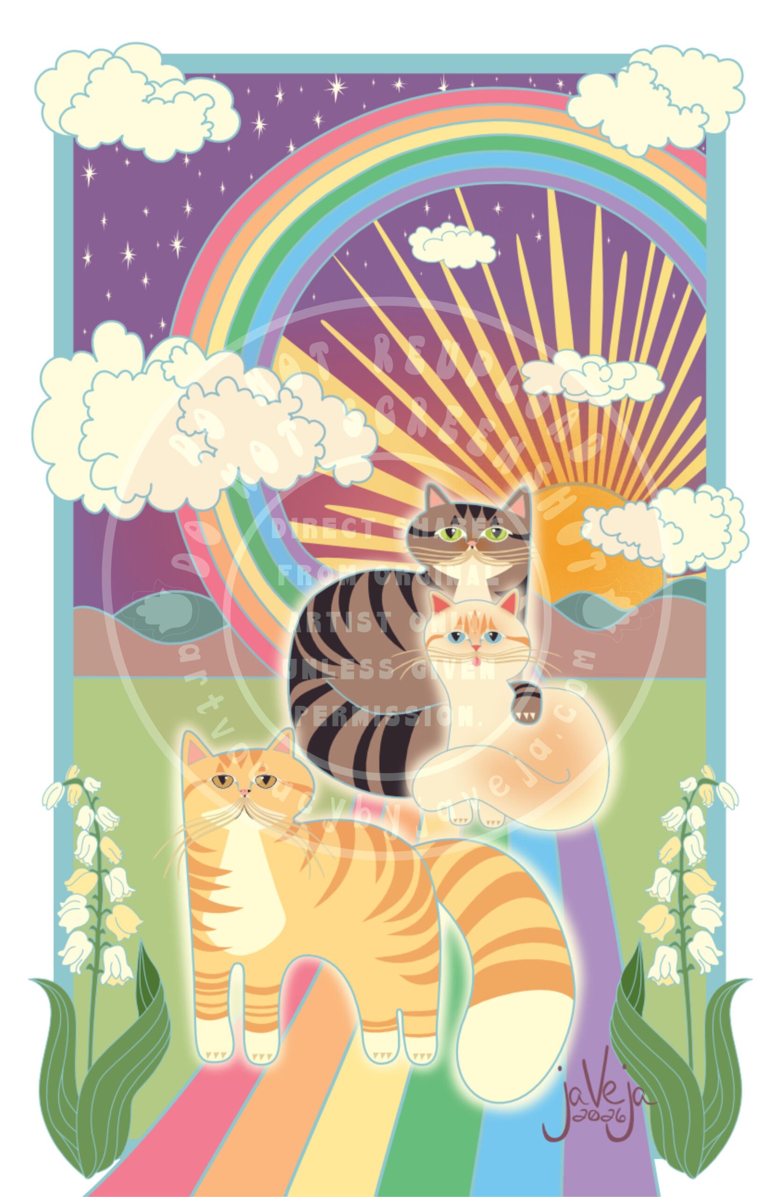 A modern take on 1970s retro-style illustration titled "All My Friends Over the Rainbow Bridge". Three stylized cats sit on a rainbow that begins behind the baby blue border at the upper right corner, arcs across the starry sky before swooping downward toward the center, then widens dramatically as it crosses over the bottom border—creating the effect that it emerges from the page toward the viewer. Simple retro clouds float in the sky overlapping the baby blue line border, which leaves about an inch of plain white around all edges. The sky features a starry night, but between the rainbow arch on the right side, a sun is setting behind mountains. The three cats sitting on the outward-sweeping section of the rainbow are: First, closest to the viewer, is cream and orange short haired tabby. Behind it is are two companion cats. One a typical short furred tabby; this cat has one paw resting on top of a cream cat with blue eyes and tongue sticking out, showing they are bonded. All the cats have a creamy glow surrounding them, about 1/4 inch wide. On the sides of the bottom part of the rainbow, along the edges of the baby blue border, are identical lily of the valley plants mirroring each other. At the bottom of the illustration is the artist's signature reading "jaVeja 2026". The image includes watermarks stating: "DO NOT REUPLOAD", "DO NOT SCREENSHOT", "Direct Shares from Original Artist only. Unless given permission.", and www.artvocacybyjaveja.com
