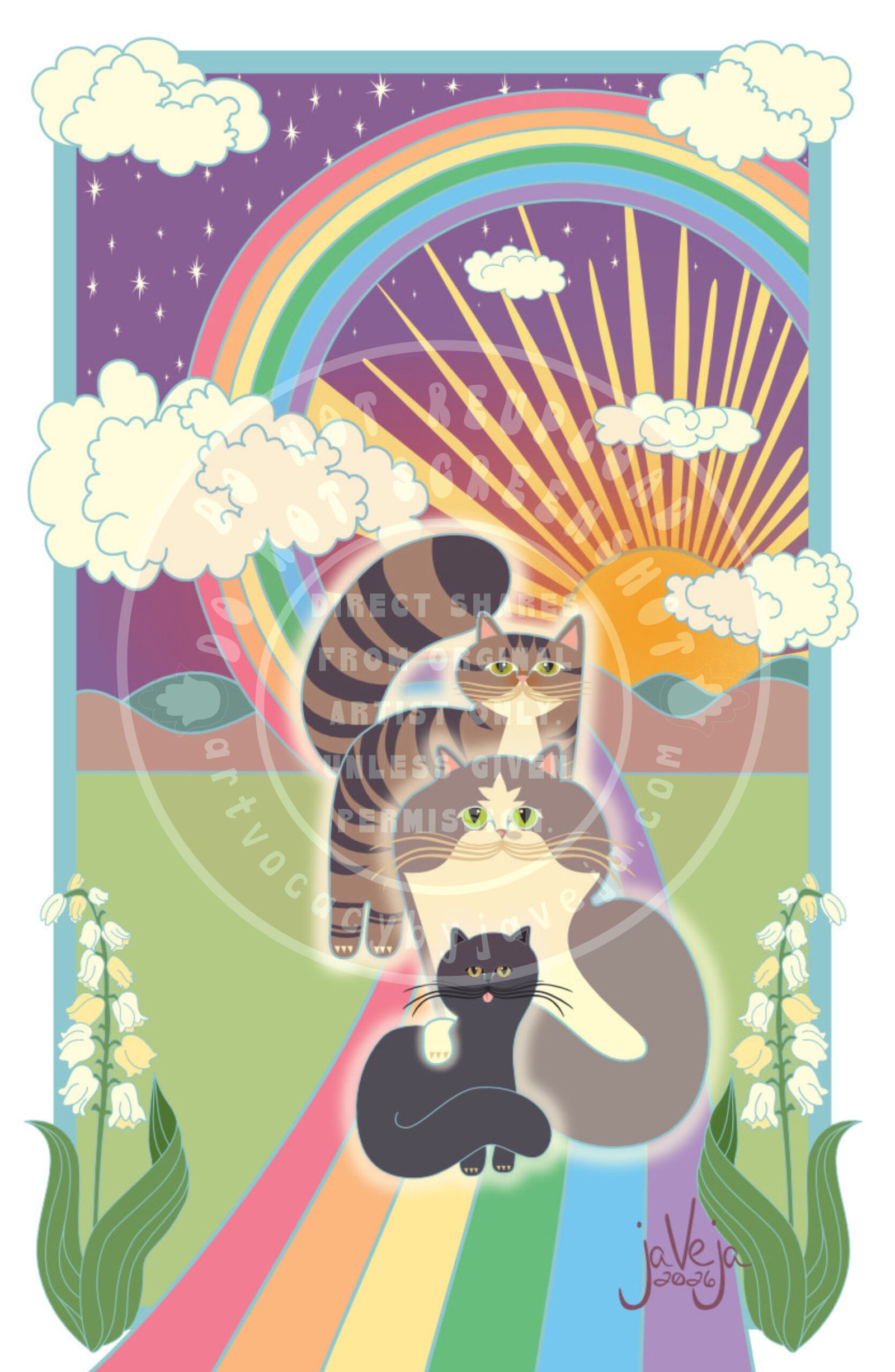 A modern take on 1970s retro-style illustration titled "All My Friends Over the Rainbow Bridge". Three stylized cats sit on a rainbow that begins behind the baby blue border at the upper right corner, arcs across the starry sky before swooping downward toward the center, then widens dramatically as it crosses over the bottom border—creating the effect that it emerges from the page toward the viewer. Simple retro clouds float in the sky overlapping the baby blue line border, which leaves about an inch of plain white around all edges. The sky features a starry night, but between the rainbow arch on the right side, a sun is setting behind mountains. The three cats sitting on the outward-sweeping section of the rainbow are: First, closest to the viewer, is a solid black cat with its tongue out. Behind it is a grey and white fluffy cat with a smudge nose and bright green eyes; this cat has one paw resting on top of the black cat, showing they are bonded. Behind them both is a brown short-haired tabby cat. All the cats have a creamy glow surrounding them, about 1/4 inch wide. On the sides of the bottom part of the rainbow, along the edges of the baby blue border, are identical lily of the valley plants mirroring each other. At the bottom of the illustration is the artist's signature reading "jaVeja 2026". The image includes watermarks stating: "DO NOT REUPLOAD", "DO NOT SCREENSHOT", "Direct Shares from Original Artist only. Unless given permission.", and www.artvocacybyjaveja.com