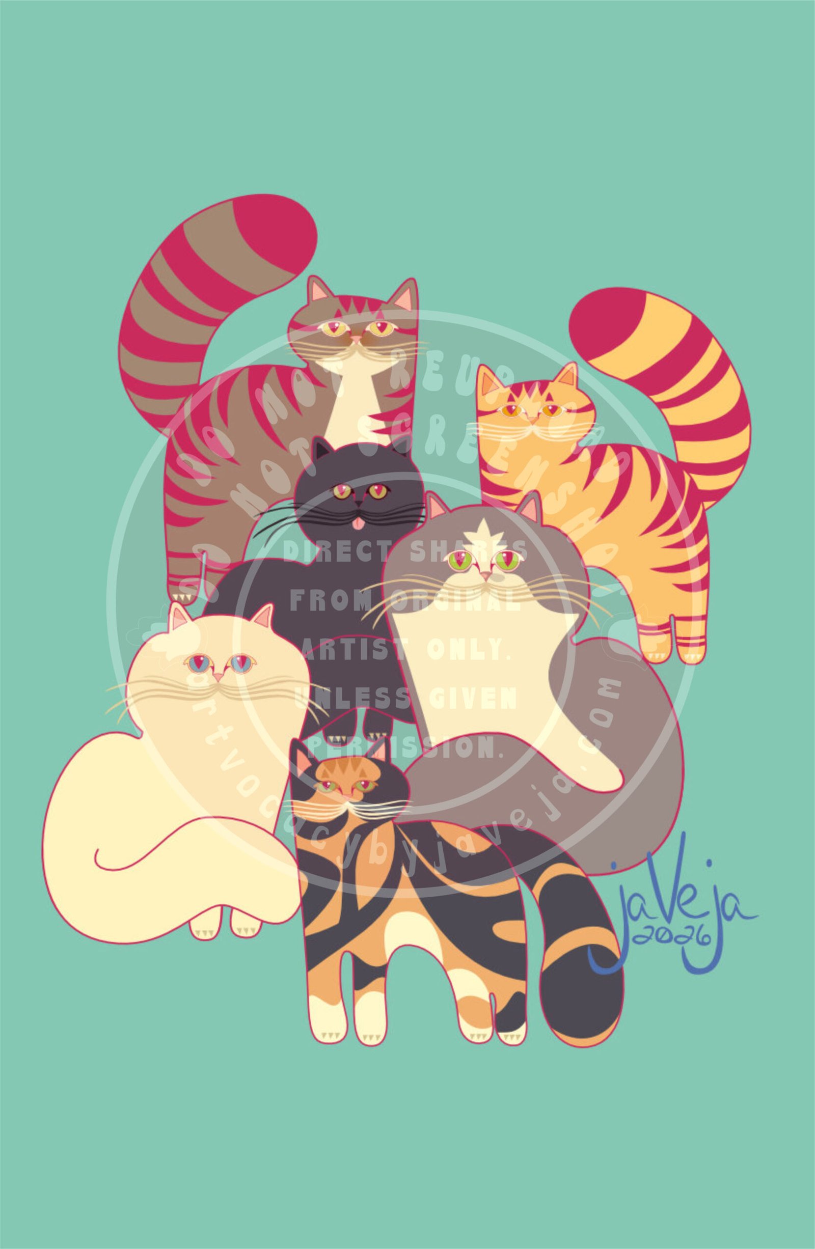 A modern take of 1970s retro-style illustration titled "Retro Cats". The image features a group of six retro-styled cats on an empty teal solid background. In the back row are two tabby short-haired cats with big tails pointing upward: one is an orange tabby, and the other is a dark brown tabby with a white chest patch extending from his chin to his chest. The middle row consists of two cats sitting with their tails covering their backs and part of their front paws. One is a solid black cat with its tongue sticking out. Beside it is a fluffy, long-haired grey and white cat with a "smudge" of grey on the solid white near its nose. In the forefront are two more cats. One is a solid white fluffy cat sitting in the same position as the grey and white cat but facing a different direction. At the very front is a stylized calico cat with orange, white, and black markings. Her tail points downward rather than up and is not wrapped around her like the others. All four of her legs are visible in a standing position shown in a stylized side view. At the bottom of the illustration is the artist's signature reading "jaVeja 2026". The image includes watermarks stating: "DO NOT REUPLOAD", "DO NOT SCREENSHOT", "Direct Shares from Original Artist only. Unless given permission.", and www.artvocacybyjaveja.com.