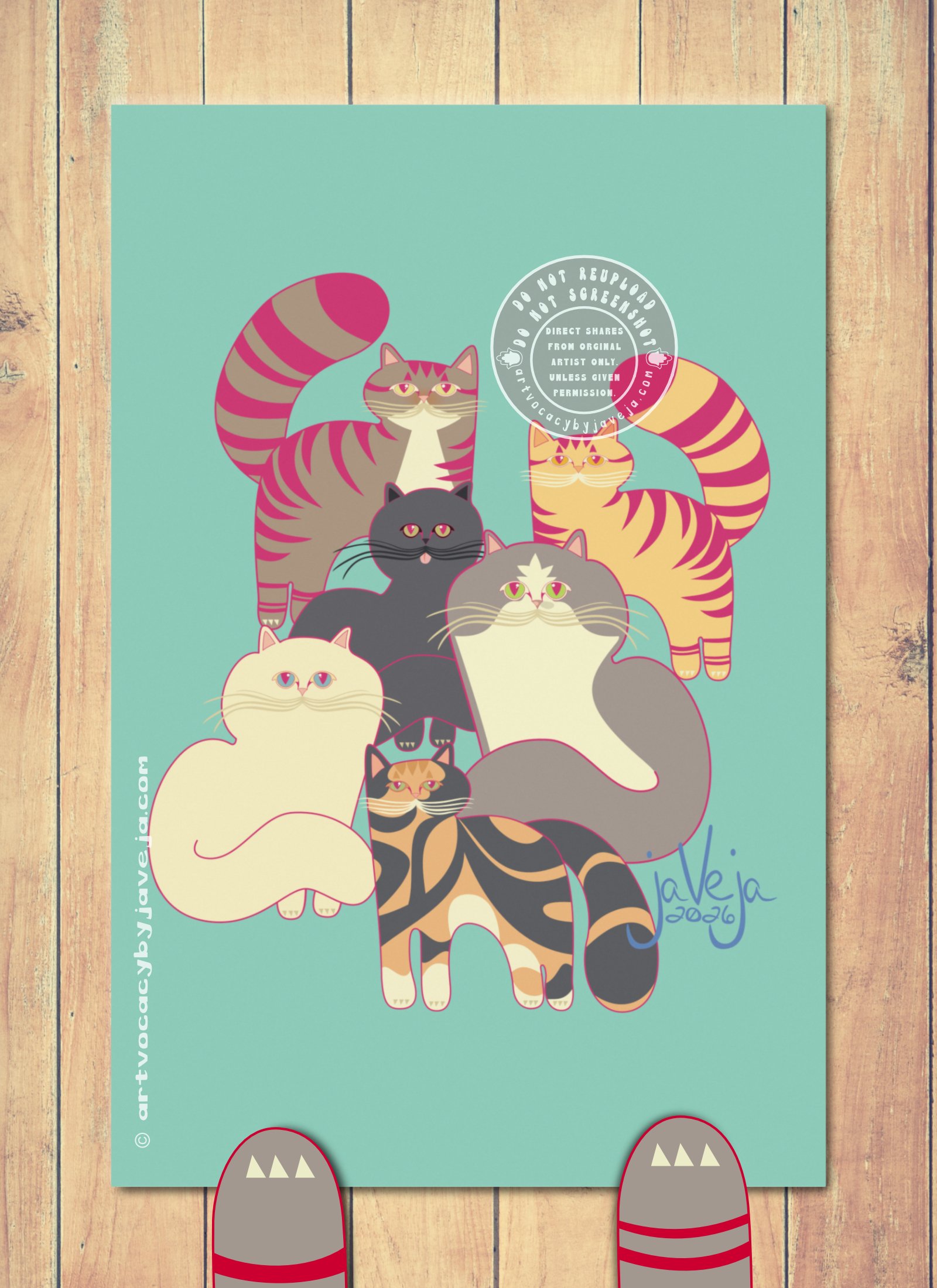 A 1970s retro-style illustration titled "Retro Cats". The image features a group of six retro-styled cats on an empty teal solid background.

In the back row are two tabby short-haired cats with big tails pointing upward: one is an orange tabby, and the other is a dark brown tabby with a white chest patch extending from his chin to his chest.

The middle row consists of two cats sitting with their tails covering their backs and part of their front paws. One is a solid black cat with its tongue sticking out. Beside it is a fluffy, long-haired grey and white cat with a "smudge" of grey on the solid white near its nose.

In the forefront are two more cats. One is a solid white fluffy cat sitting in the same position as the grey and white cat but facing a different direction. At the very front is a stylized calico cat with orange, white, and black markings. Her tail points downward rather than up and is not wrapped around her like the others. All four of her legs are visible in a standing position shown in a stylized side view.

At the bottom of the illustration is the artist's signature reading "jaVeja 2026". The image includes watermarks stating: "DO NOT REUPLOAD", "DO NOT SCREENSHOT", "Direct Shares from Original Artist only. Unless given permission.", and www.artvocacybyjaveja.com.