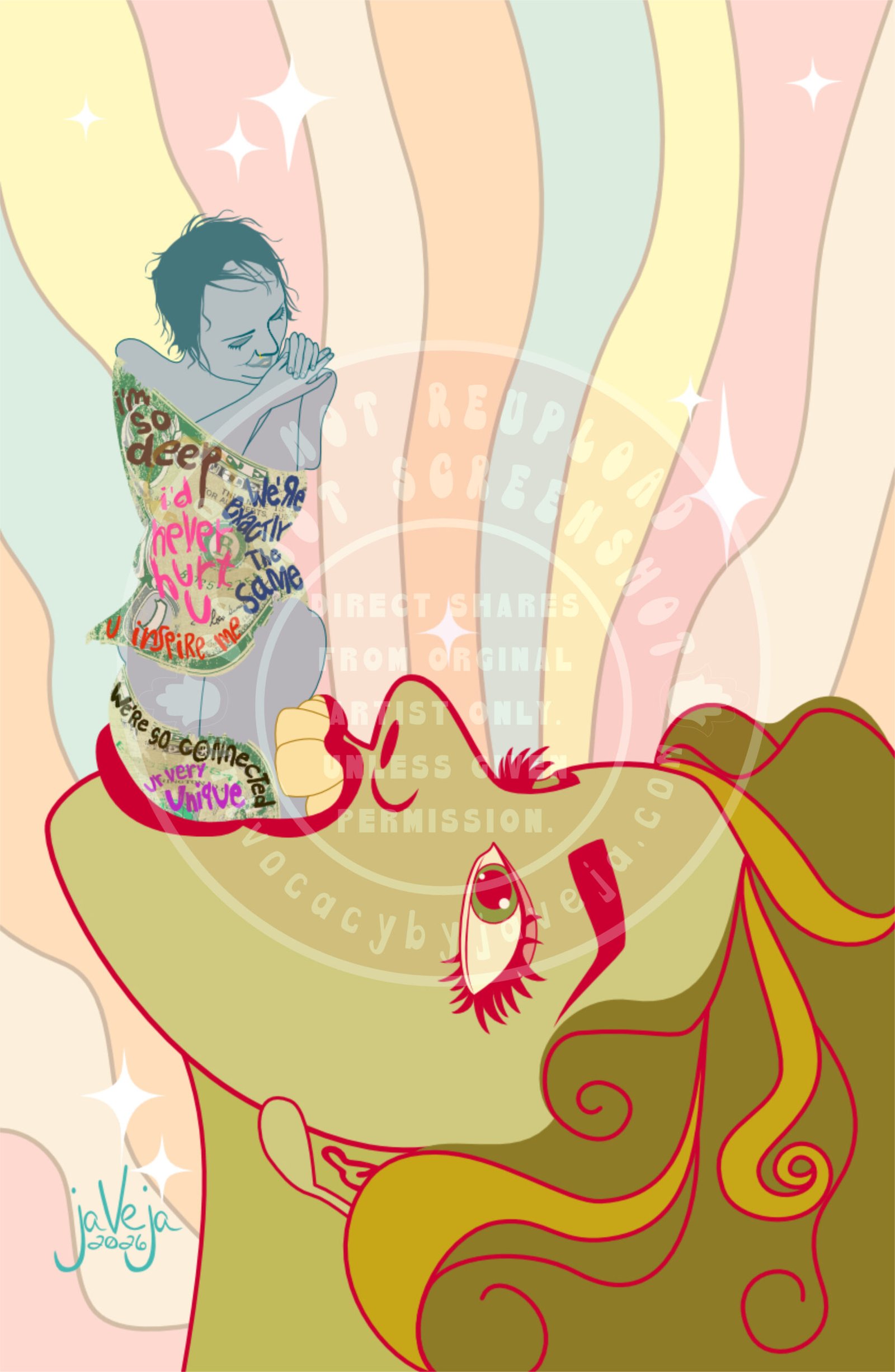 A modern take on 1970s retro-style illustration titled "Superficial Sucks You In" set against a psychedelic, wavy background in tones of light pastel orange, red, cream, and teal with glimmering stars scattered throughout. At the bottom is a vibrant larger-than-life green head with beautiful curly hair flowing down. The head is tilted back in a menacing manner to swallow a blue figure inside its mouth. The blue figure appears dying, with thinning hair and a greyish-blue skin tone. Though naked, the figure is covered by the green figure's tongue, which is actually a worn and stained United States dollar bill. The dollar bill has multiple phrases written on it in different areas: "I'm so deep", "I'd Never hurt U", "We're Exactly the same", "U inspire me", "We're so connected", "Ur very Unique". The dollar-bill tongue constricts tightly around the blue figure as it is being swallowed. The green figure's teeth push into the blue figure's thigh, only slightly without showing blood or bite marks. The blue person's hands are clasped together near the top (even though their arms are partially constrained by the dollar tongue), leaning their head against them with a happy smile despite the damage being done as they are eaten alive by the green figure. At the bottom of the illustration is the artist’s signature that says, “jaVeja 2026”. Water mark on image that says: "DO NOT REUPLOAD", "DO NOT SCREENSHOT", "Direct Shares from Original Artist only. Unless given permission.", and www.artvocacybyjaveja.com