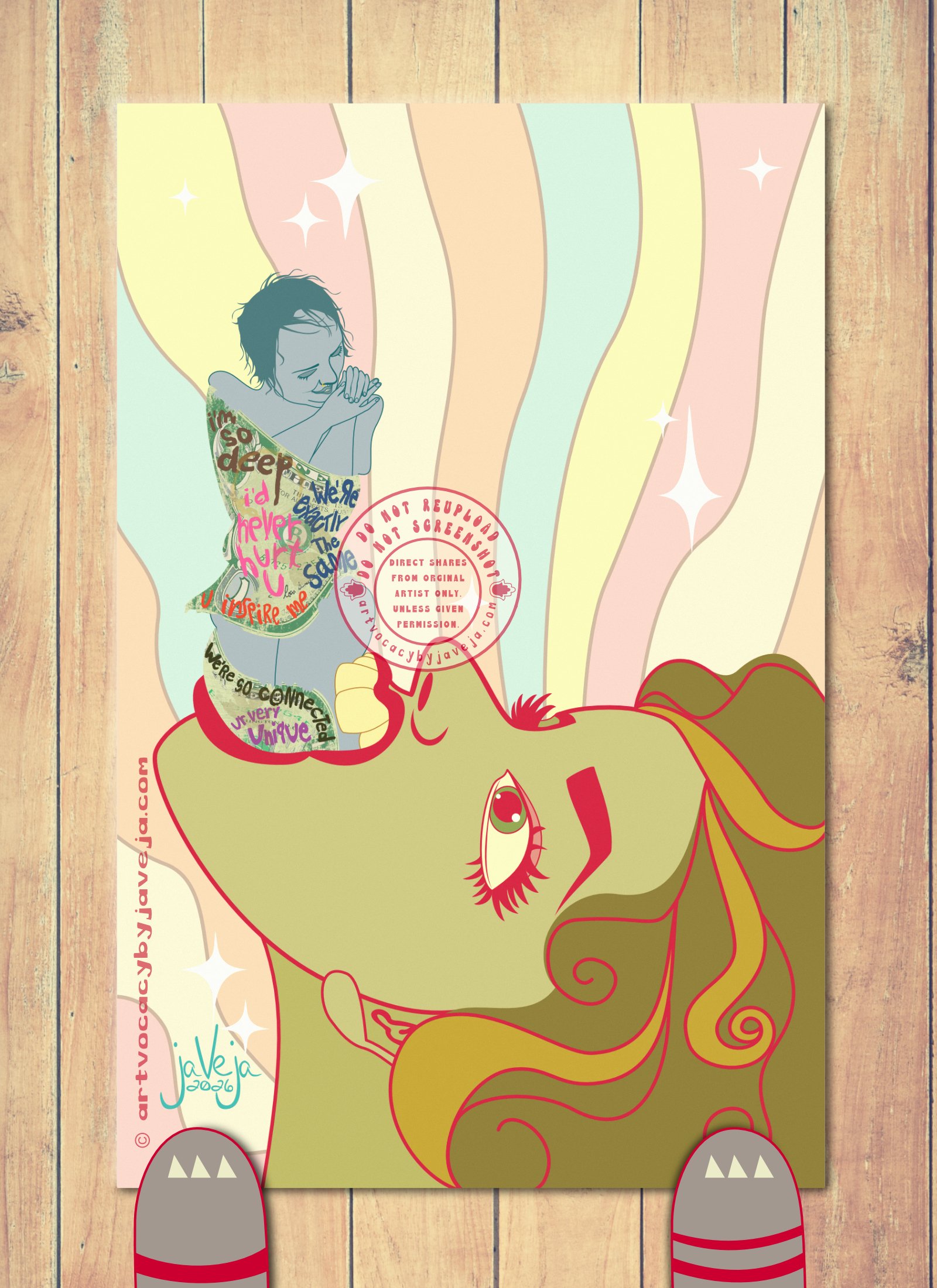 A 1970s retro-style illustration titled "Superficial Sucks You In" set against a psychedelic, wavy background in tones of light pastel orange, red, cream, and teal with glimmering stars scattered throughout. At the bottom is a vibrant larger-than-life green head with beautiful curly hair flowing down. The head is tilted back in a menacing manner to swallow a blue figure inside its mouth. The blue figure appears dying, with thinning hair and a greyish-blue skin tone. Though naked, the figure is covered by the green figure's tongue, which is actually a worn and stained United States dollar bill. The dollar bill has multiple phrases written on it in different areas: "I'm so deep", "I'd Never hurt U", "We're Exactly the same", "U inspire me", "We're so connected", "Ur very Unique". The dollar-bill tongue constricts tightly around the blue figure as it is being swallowed. The green figure's teeth push into the blue figure's thigh, only slightly without showing blood or bite marks. The blue person's hands are clasped together near the top (even though their arms are partially constrained by the dollar tongue), leaning their head against them with a happy smile despite the damage being done as they are eaten alive by the green figure. At the bottom of the illustration is the artist’s signature that says, “jaVeja 2026”. Water mark on image that says: "DO NOT REUPLOAD", "DO NOT SCREENSHOT", "Direct Shares from Original Artist only. Unless given permission.", and www.artvocacybyjaveja.com