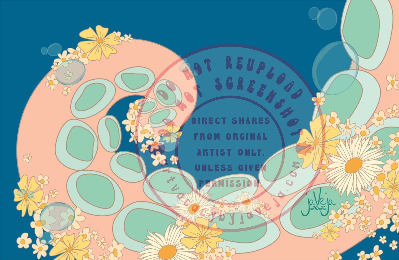 A modern take on 1970s retro-style illustration titled "Nothing Deep". A single octopus tentacle emerges from the right side of the image and curves up and back inward toward the center left. The tentacle is a light coral color with mint green suction cups. The background is a deep blue. Cream and yellow flowers float around the tentacle along with water bubbles scattered throughout. At the bottom of the illustration is the artist's signature reading "jaVeja 2026". The image includes watermarks stating: "DO NOT REUPLOAD", "DO NOT SCREENSHOT", "Direct Shares from Original Artist only. Unless given permission.", and www.artvocacybyjaveja.com.