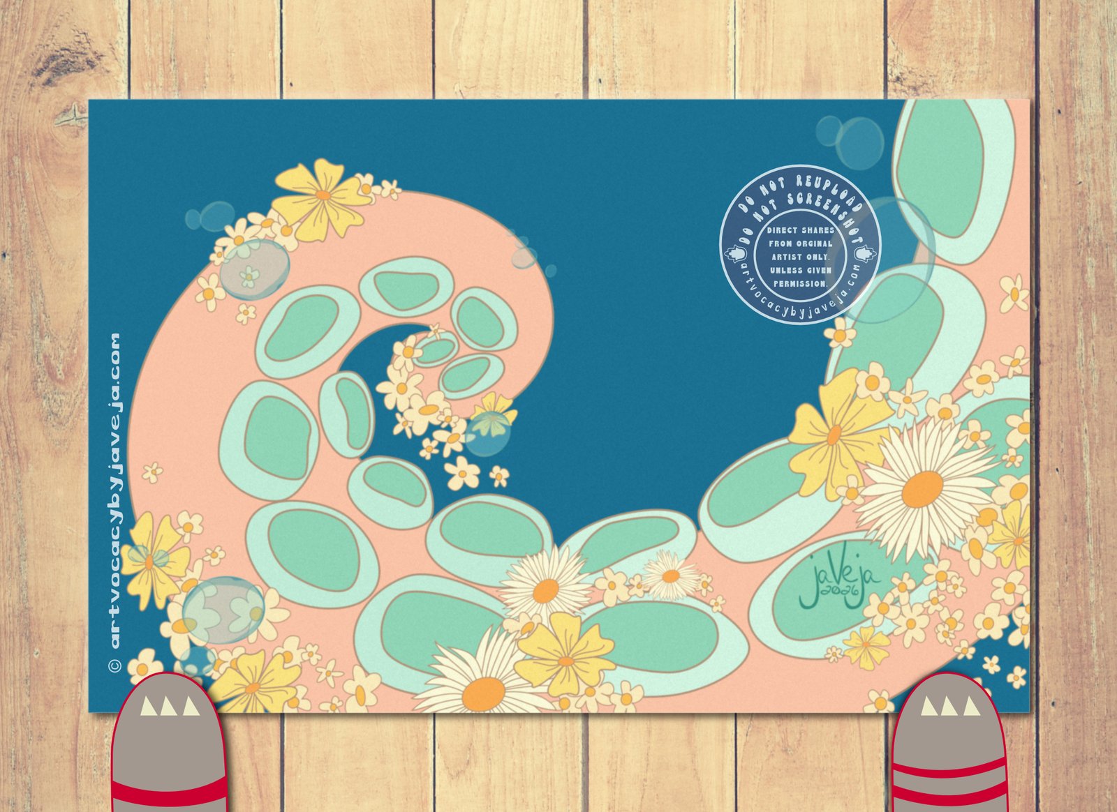 A 1970s retro-style illustration titled "Nothing Deep". A single octopus tentacle emerges from the right side of the image and curves up and back inward toward the center left. The tentacle is a light coral color with mint green suction cups. The background is a deep blue. Cream and yellow flowers float around the tentacle along with water bubbles scattered throughout.

At the bottom of the illustration is the artist's signature reading "jaVeja 2026". The image includes watermarks stating: "DO NOT REUPLOAD", "DO NOT SCREENSHOT", "Direct Shares from Original Artist only. Unless given permission.", and www.artvocacybyjaveja.com.