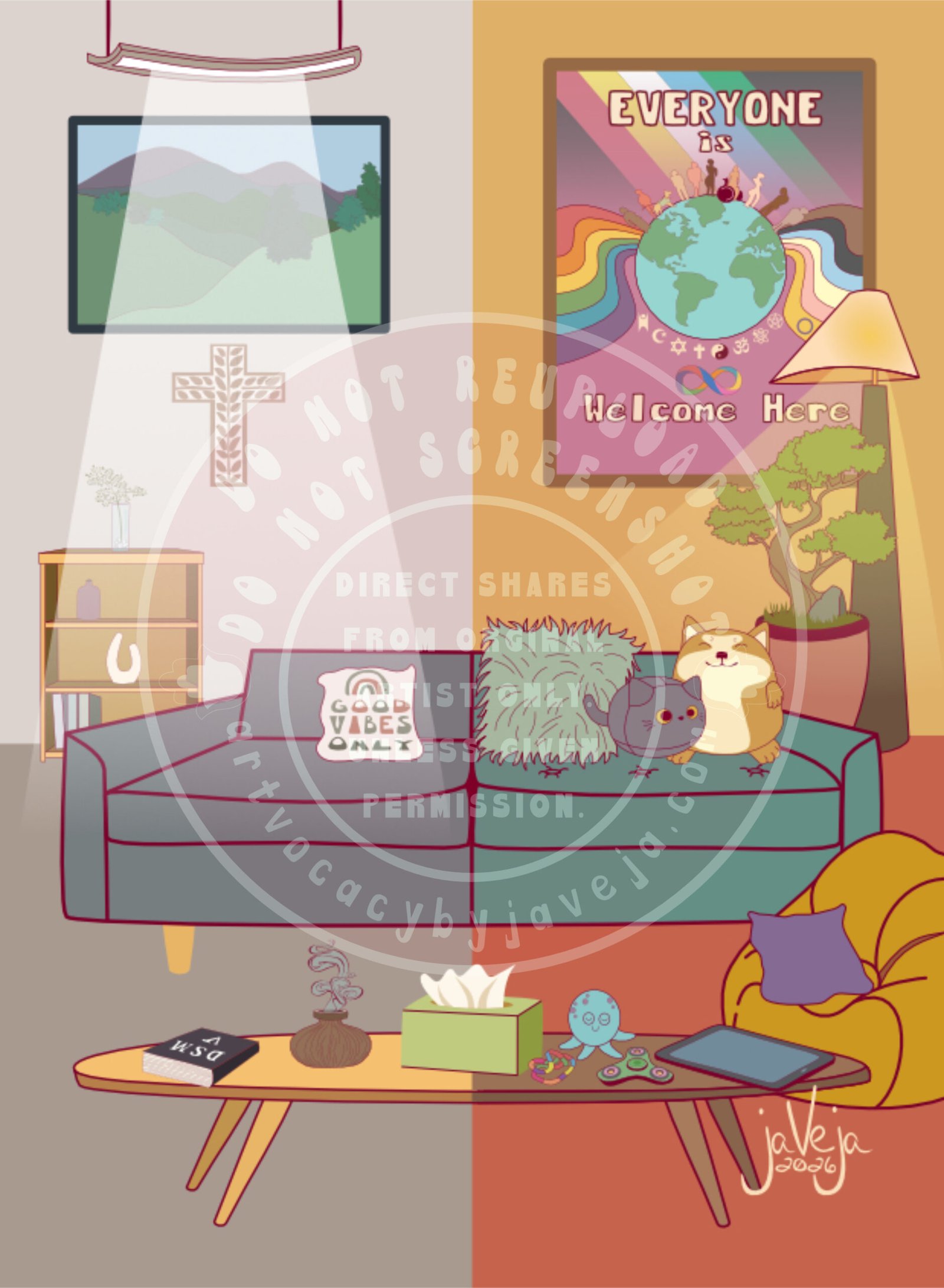 A modern take on retro 1970s-style illustration titled, "The Tale of Two Therapists", that's a split image of two therapy office environments on one page. Left side shows a clinical, unwelcoming space: gray couch and carpet, harsh fluorescent lighting, wooden Christian cross, fake plant on a purely decorative bookshelf, uncomfortable sofa with "Good Vibes Only" pillow, DSM-V on coffee table, and an incense diffuser puffing fragrance into the air. Right side shows a more affirming space: teal comfortable sofa, warm yellow lighting, living bonsai plant, fidget toys, AAC tablet, comfort pillows and stuffed animals, comfortable floor seating, and a retro-style poster reading "Everyone is Welcome Here." The poster features a central planet Earth with Pride ribbons radiating outward in hippie 1970s style—original Pride colors on the left, extended Pride colors (including Brown, Black, Trans, and Intersex flags) on the right. Abstract figures of diverse races and abilities (including wheelchair and service dog) stand atop the planet. A Disability Pride flag fades into the background above them, while religious, humanist, and atheist symbols appear at the base of the Earth. At the bottom right of the illustration is the artist’s signature that says, “jaVeja 2026”. Water mark on image that says: "DO NOT REUPLOAD", "DO NOT SCREENSHOT", "Direct Shares from Original Artist only. Unless given permission.", and www.artvocacybyjaveja.com