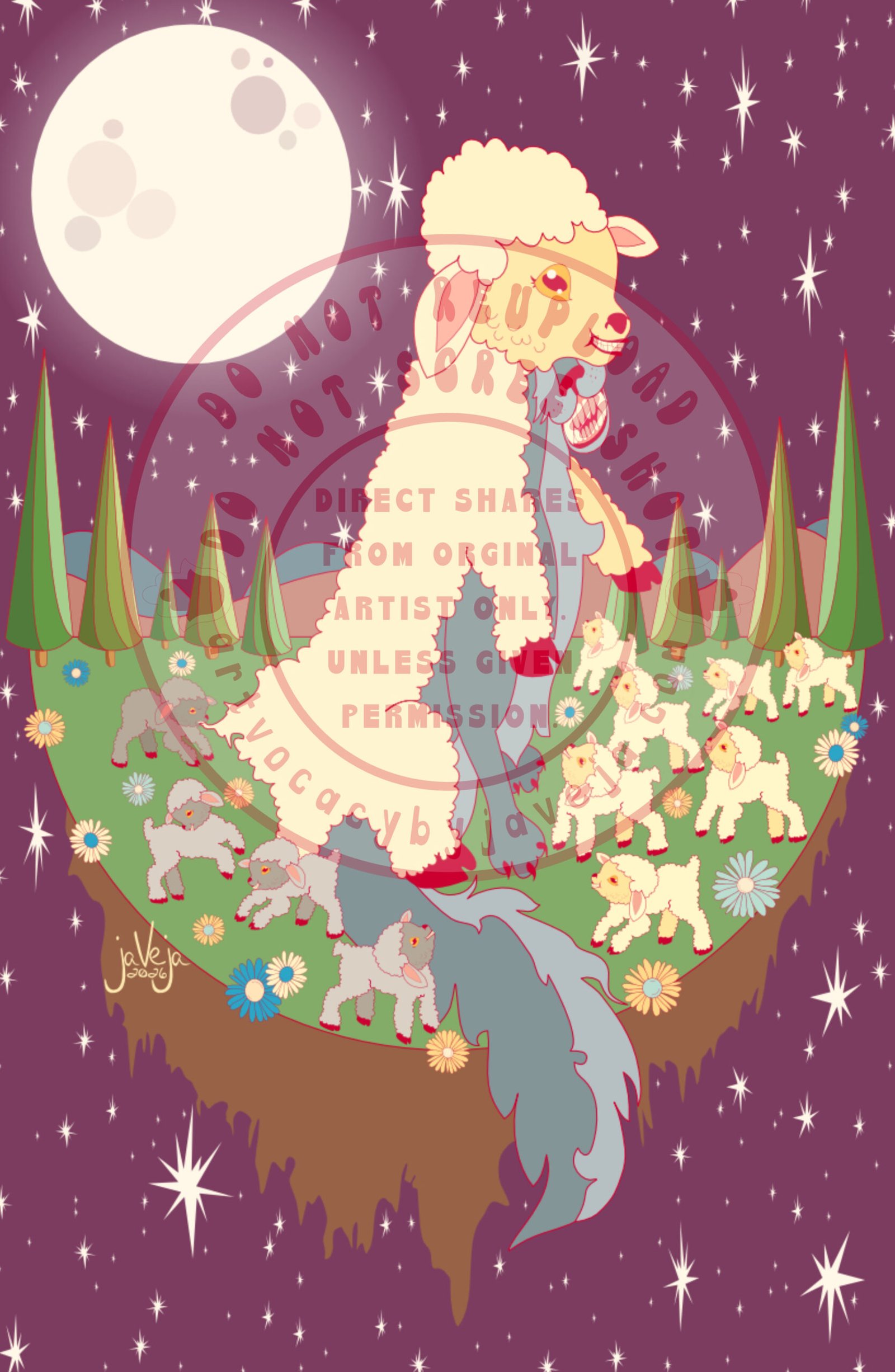 A modern take on 1970s retro-style illustration titled "Wolf In Sheep's Clothing" set against a purple night sky with a full moon illuminating the top left corner. The image resembles a storybook illustration featuring a floating piece of earth—a half-circle of green grass with stylized evergreen trees on the horizon and rounded hills beneath mountains in the background. Under the green grass is brown dirt with rounded points descending downward, illustrated in a retro style. On the earth rests a bigger than life - sized wolf wearing a sheep's skin over its body. You can see the wolf's nose and pointy teeth peeking out in a toothy grin. Its paws are visible, and a big fluffy tail extends over the edge of the green earth, dropping down into the dirt below without getting dirty—just flowing over the edge. On the right side of the wolf are seven cream-colored sheep, all looking up at the wolf with smiles that look creepy, as if they are happy to follow something that will harm them. To the left of the wolf are black sheep separated from the group. Three are closer to the wolf's tail; they look just as happy and playful as the cream sheep. One black sheep stands very close to the wolf's tail, looking onward toward the white sheep — it looks aware it's different but still oblivious and wanting to be part of the mindless flock. The other two black sheep play mindlessly together. Behind them is one black sheep biting into the sheep's clothing the wolf is wearing. It is alone and appears angry and exhausted, questioning why no one else is helping and why all the other sheep are content to go along with something that would cause them so much harm. Between the sheep on both sides are retro flowers. At the bottom of the illustration is the artist’s signature that says, “jaVeja 2026”. Water mark on image that says: "DO NOT REUPLOAD", "DO NOT SCREENSHOT", "Direct Shares from Original Artist only. Unless given permission.", and www.artvocacybyjaveja.com