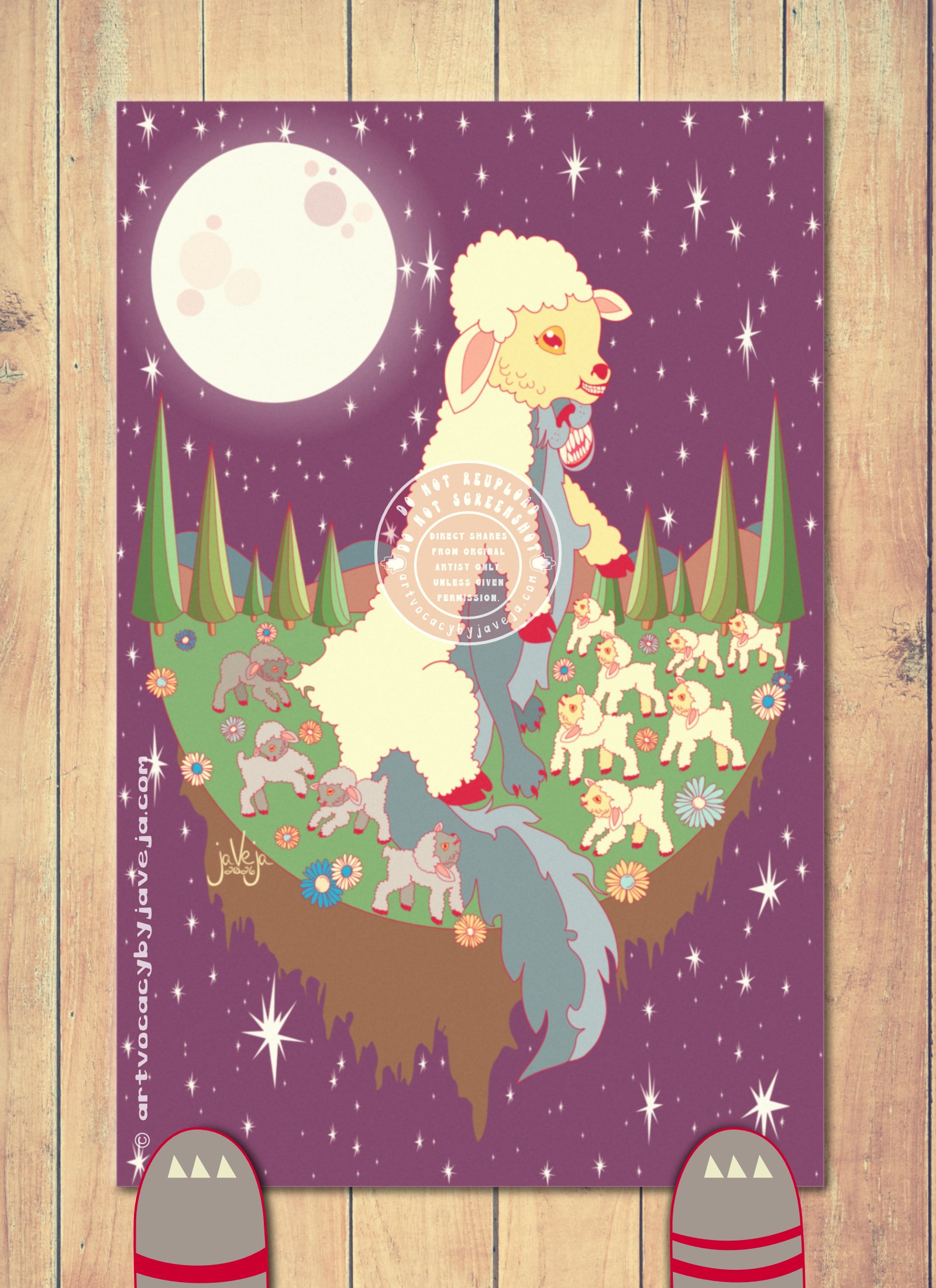 A 1970s retro-style illustration titled "Wolf In Sheep's Clothing" set against a purple night sky with a full moon illuminating the top left corner. The image resembles a storybook illustration featuring a floating piece of earth—a half-circle of green grass with stylized evergreen trees on the horizon and rounded hills beneath mountains in the background. Under the green grass is brown dirt with rounded points descending downward, illustrated in a retro style. On the earth rests a bigger than life - sized wolf wearing a sheep's skin over its body. You can see the wolf's nose and pointy teeth peeking out in a toothy grin. Its paws are visible, and a big fluffy tail extends over the edge of the green earth, dropping down into the dirt below without getting dirty—just flowing over the edge. On the right side of the wolf are seven cream-colored sheep, all looking up at the wolf with smiles that look creepy, as if they are happy to follow something that will harm them. To the left of the wolf are black sheep separated from the group. Three are closer to the wolf's tail; they look just as happy and playful as the cream sheep. One black sheep stands very close to the wolf's tail, looking onward toward the white sheep — it looks aware it's different but still oblivious and wanting to be part of the mindless flock. The other two black sheep play mindlessly together. Behind them is one black sheep biting into the sheep's clothing the wolf is wearing. It is alone and appears angry and exhausted, questioning why no one else is helping and why all the other sheep are content to go along with something that would cause them so much harm. Between the sheep on both sides are retro flowers. At the bottom of the illustration is the artist’s signature that says, “jaVeja 2026”. Water mark on image that says: "DO NOT REUPLOAD", "DO NOT SCREENSHOT", "Direct Shares from Original Artist only. Unless given permission.", and www.artvocacybyjaveja.com
