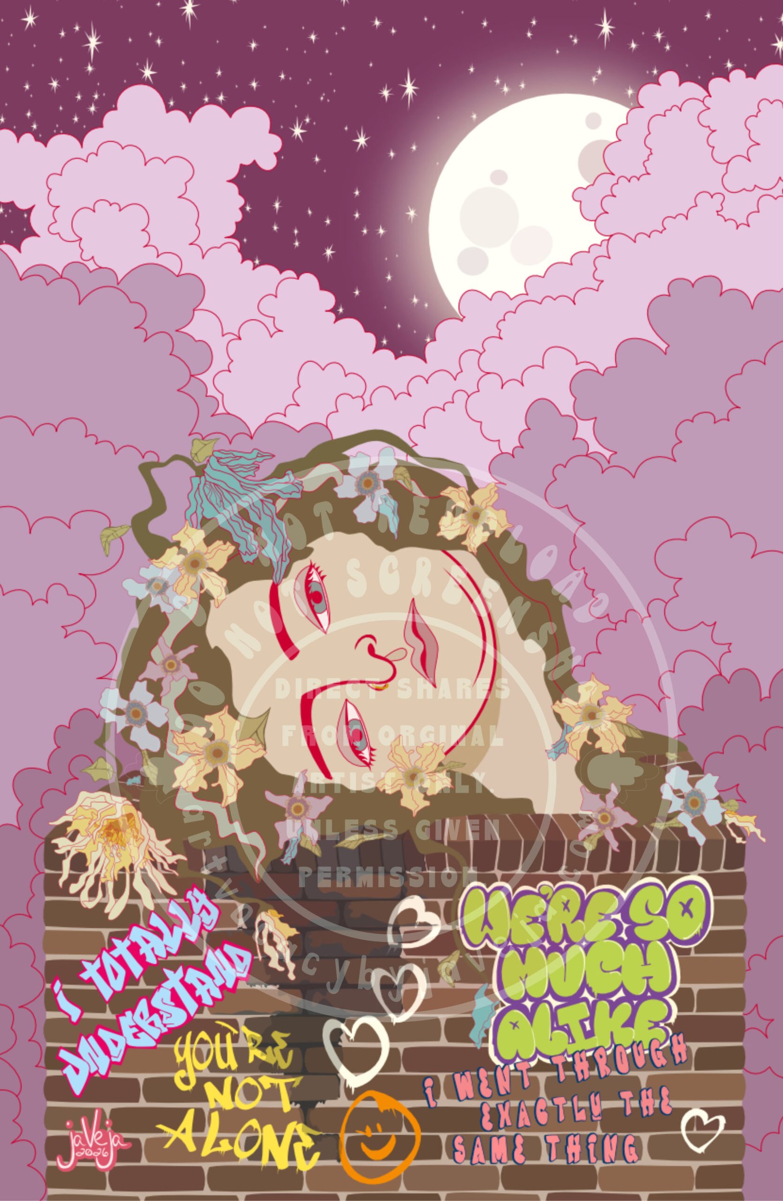 A modern take on 1970s retro-style illustration titled "You're Not Listening to Me" set against a purple cloudy background where the moon and starry purple sky barely peek through the top of the clouds. In the center of the page is a brick planter typically used for garden beds. Instead of something pretty blooming there, a stylized human head rests on its left side as if toppled over. What should be grass and flowers growing from their hair are instead dead and withered. The eyes are open, but you can tell there's barely any life left in the person. The hair and flowers appear dried and wrinkled. The flesh has a dead greyish hue, matching the lifeless flowers. Where the head is decaying, dirty water drips and stains the brick beneath it, flowing downward. The brick planter has been graffitied with different sayings: "I Totally Understand", "You're Not Alone", "We're So Much Alike", "I went through Exactly the Same thing". There are also graffiti hearts and a smiley face rendered in dripping spray paint between the sayings. At the bottom of the illustration is the artist's signature reading "jaVeja 2026". The image includes watermarks stating: "DO NOT REUPLOAD", "DO NOT SCREENSHOT", "Direct Shares from Original Artist only. Unless given permission", and "www.artvocacybyjaveja.com".