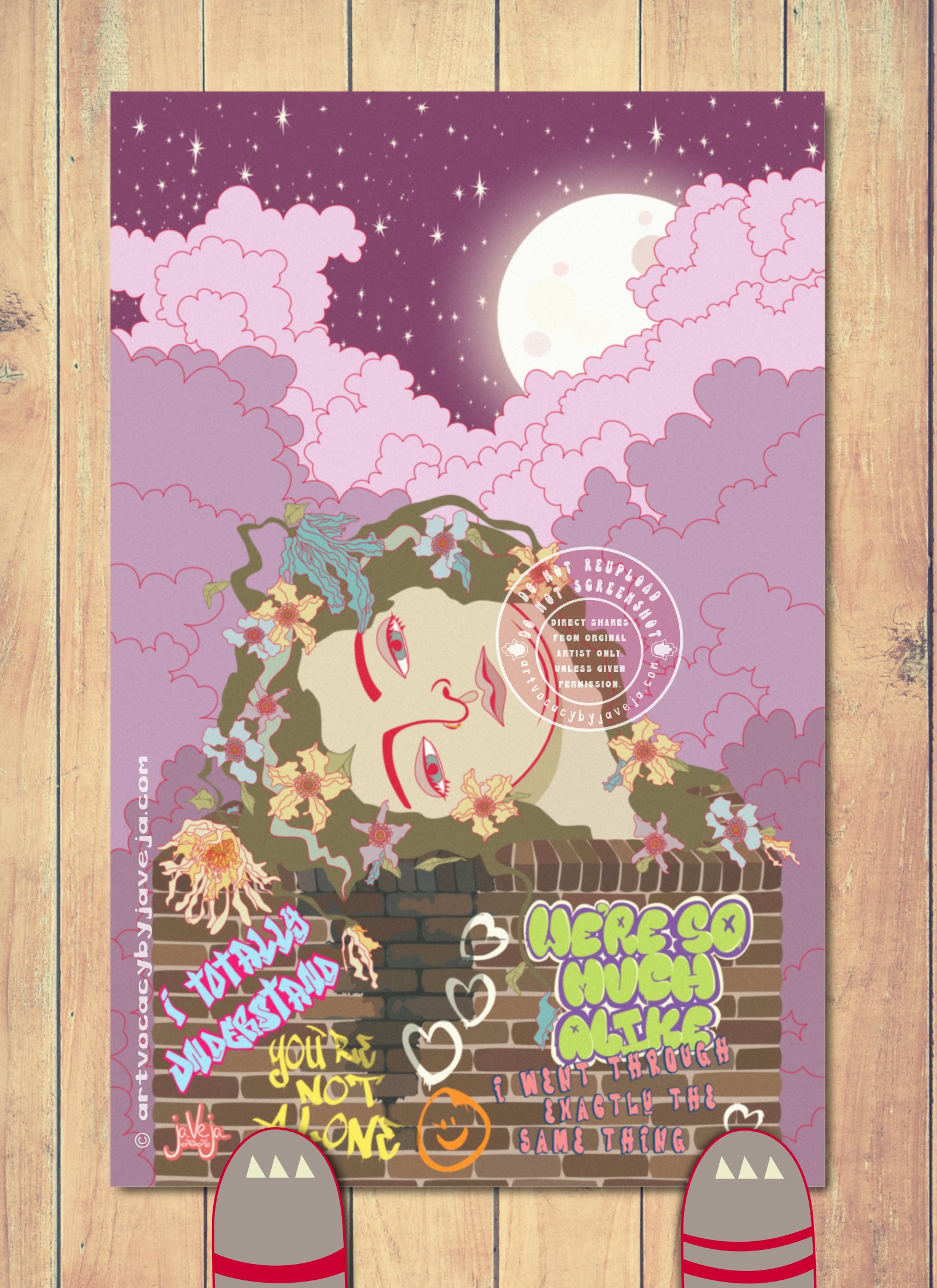 A 1970s retro-style illustration titled "You're Not Listening to Me" set against a purple cloudy background where the moon and starry purple sky barely peek through the top of the clouds. In the center of the page is a brick planter typically used for garden beds. Instead of something pretty blooming there, a stylized human head rests on its left side as if toppled over. What should be grass and flowers growing from their hair are instead dead and withered. The eyes are open, but you can tell there's barely any life left in the person. The hair and flowers appear dried and wrinkled. The flesh has a dead greyish hue, matching the lifeless flowers. Where the head is decaying, dirty water drips and stains the brick beneath it, flowing downward. The brick planter has been graffitied with different sayings: "I Totally Understand", "You're Not Alone", "We're So Much Alike", "I went through Exactly the Same thing". There are also graffiti hearts and a smiley face rendered in dripping spray paint between the sayings. At the bottom of the illustration is the artist's signature reading "jaVeja 2026". The image includes watermarks stating: "DO NOT REUPLOAD", "DO NOT SCREENSHOT", "Direct Shares from Original Artist only. Unless given permission", and "www.artvocacybyjaveja.com".